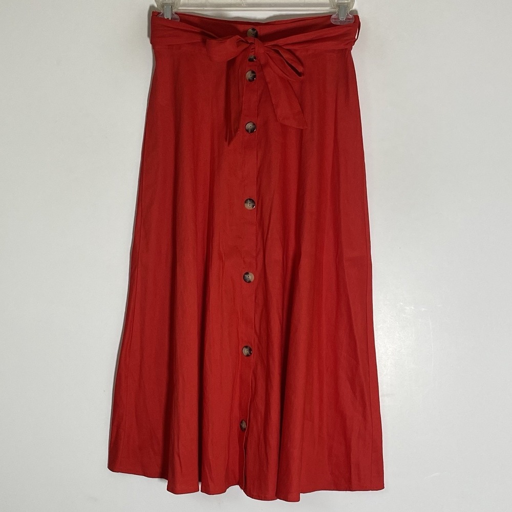 Antonio Melani‎ Maxi Skirt Womens 8 Red Linen Blend A Line Button Front Tie Belt